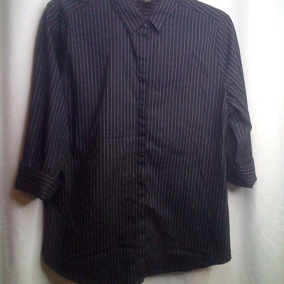Worthington Blouse Shirt Women L Button Up 3/4 Sleeve Stripe Black White - Picture 16 of 16
